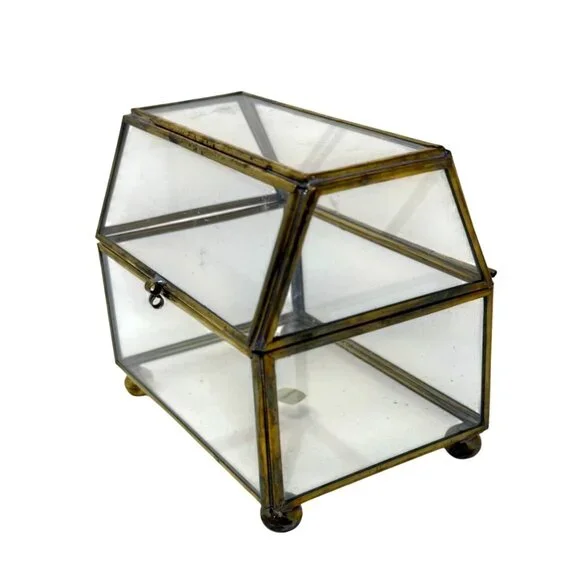 Brass Glass Jewelry Box Hinged Trinket Display Casket 4.5" T Footed Vintage MCM - Picture 6 of 9